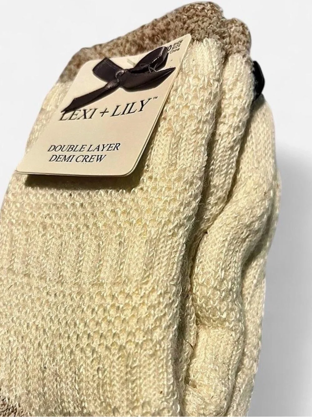 Double Layer Demi Crew Socks in Cream with Brown Accents